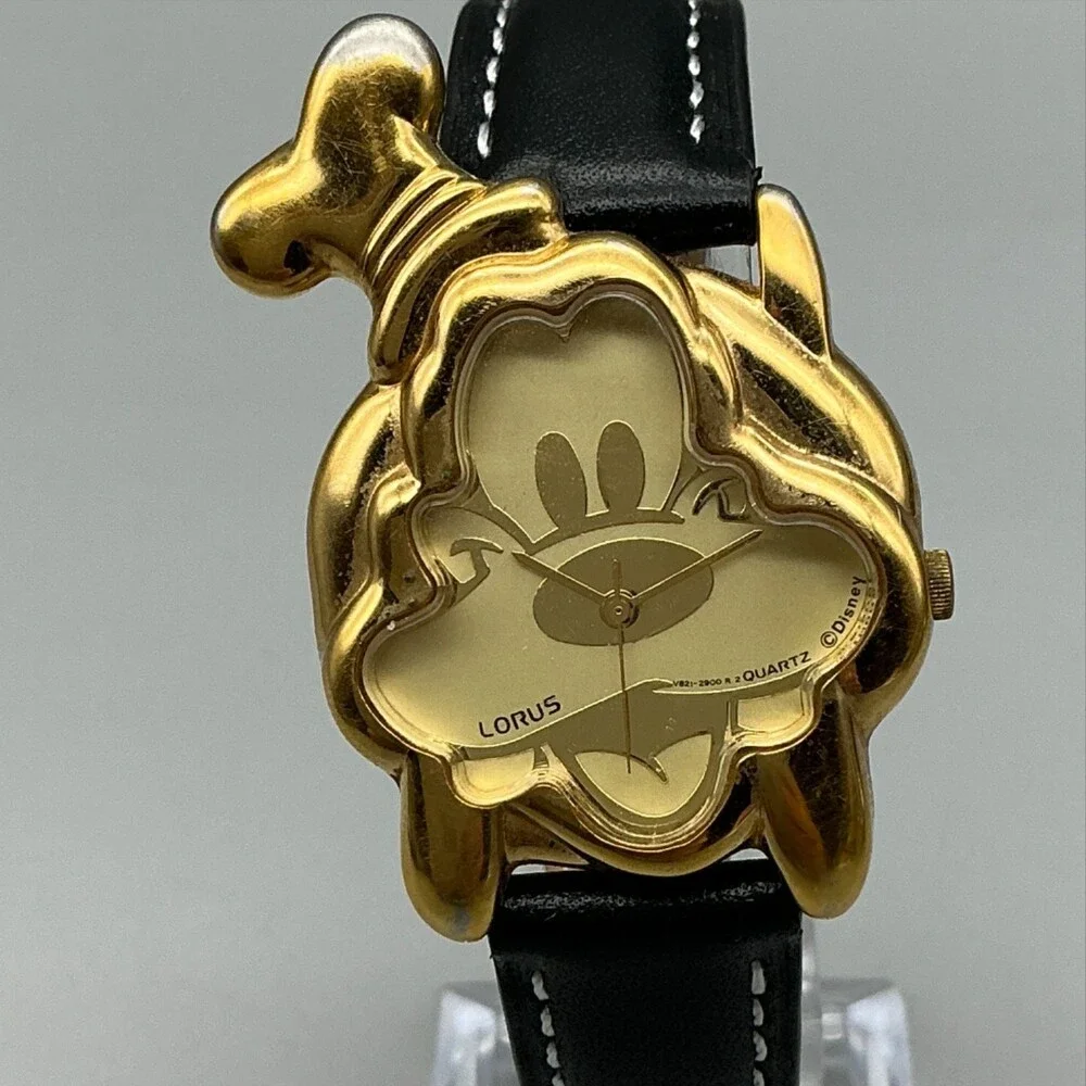 Vtg Lorus Womens Watch 30mm Disney Goofy Gold Tone Black Leather New Battery